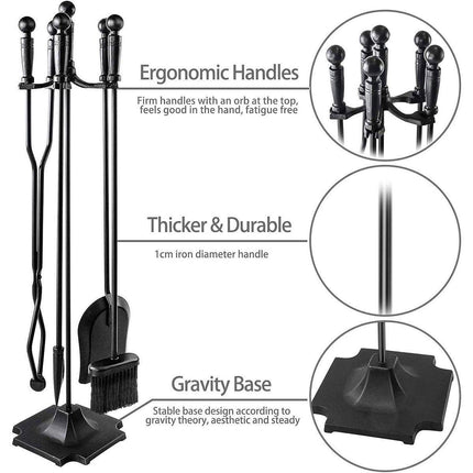 5PCS Grillz Fireplace Tool Set Fire Place Tools Poker Brush Shovel Stand Tongs