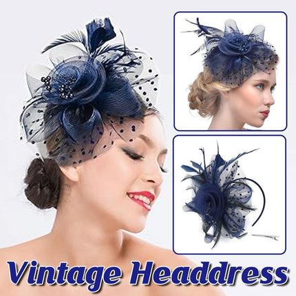 Blue Vintage Bridal Headdress Feather Flower Mesh Hair Accessories for Cheongsam