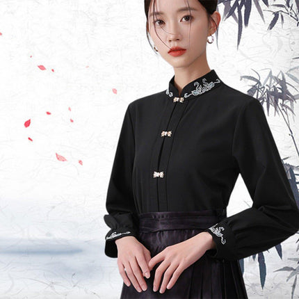 Chinese Style Women Autumn Standing Collar White Shirt Fashion Inner Tops