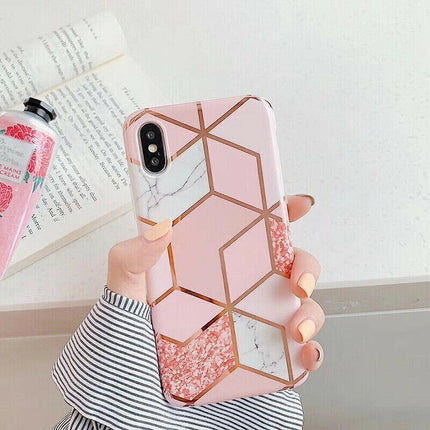 Pink Geometric Marble Case for iPhone 13 12 11 Pro Max XR XS 8 Shockproof Cover Silicone - Aimall