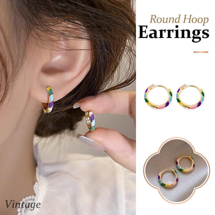 Vintage Ear Loop Earrings with Colourful Enamel Circle Design for Women Jewelry