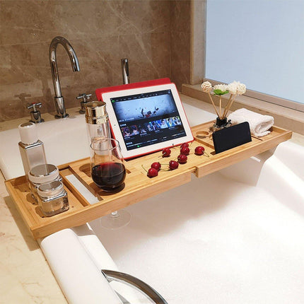 Bathroom Bamboo Bath Caddy Wine Glass Holder Table Tray Bathtub Rack Soap Shelf