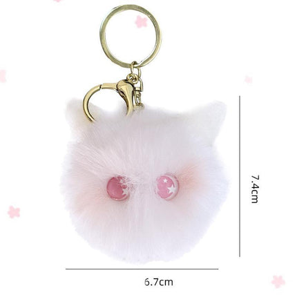Plush Kitten Head Cartoon Keychain Rabbit Hair Pompom Keyring Bag Ornaments Gift - Aimall