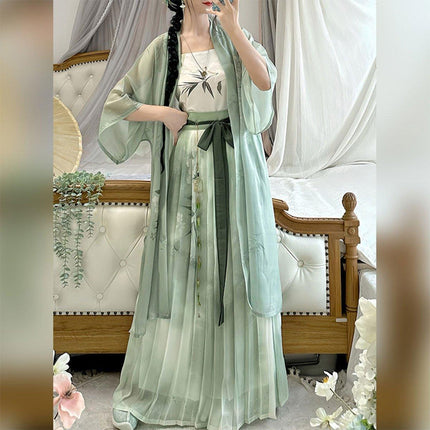 Hanfu Women Half Sleeve Pleated Skirt Waist Dress Spring Summer Daily Suit