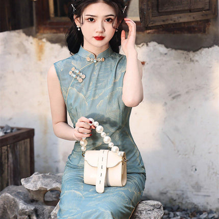 Retro Mesh Printed Double Layer Sleeveless Cheongsam Mid Length Improved Design