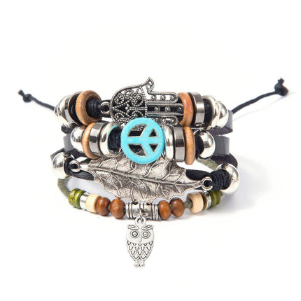 Turquoise Woven Leather Multi Layered Beaded Bracelet with Wood Beads Women