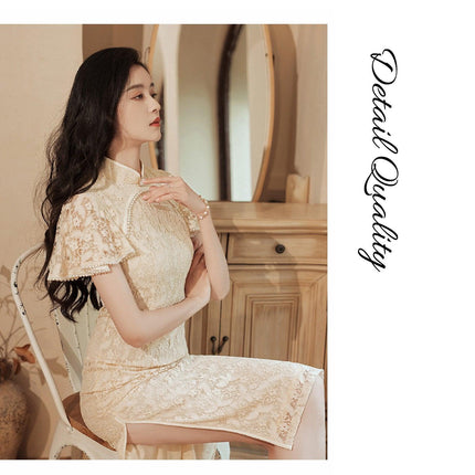 Mid-Length Lace Cheongsam Dress Retro Improved Slim-Fit Chinese Qipao Gown