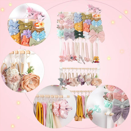 4 Tier Wooden Hair Clip Organizer Hanging Rack for Hair Clips and Ties Storage