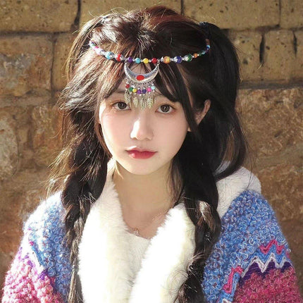 Vintage Ethnic Crescent Leaf Fringe Headpiece Forehead Chain Boho Fashion