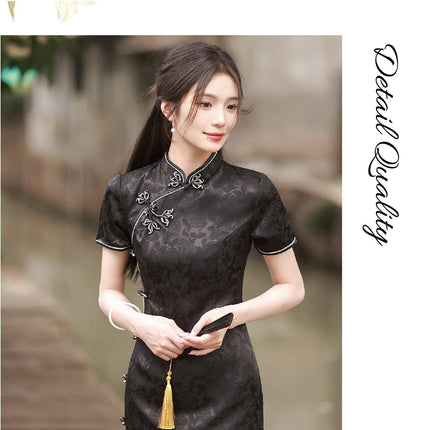 Black Cheongsam Chinese Traditional Above-Knee Dress Split Slim Standing Collar