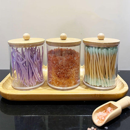 3pcs/set Cotton Swab Holder with Vanity Tray Clear Apothecary Jar Wood Lids