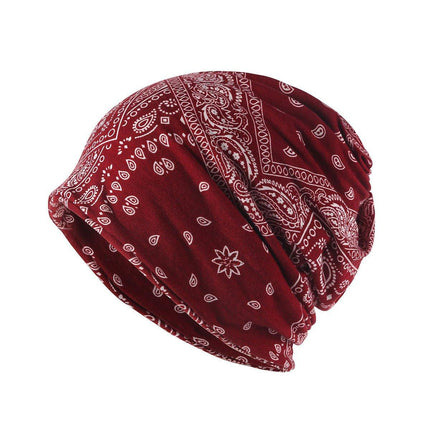 Ethnic Style Cotton Flower Stripe Pullover Cap Dual Purpose Turban Hat for Women