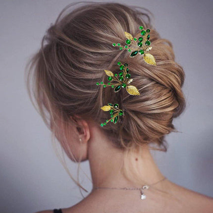 Wedding Bridal U Shaped Hairpins Emerald Green Leaf Bun Clips Women Rhinestone