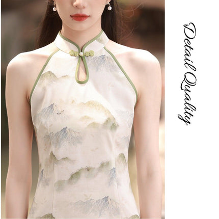 Spring Summer Silk Hemp Cheongsam Long Dress Improved Sleeveless Chinese Qipao