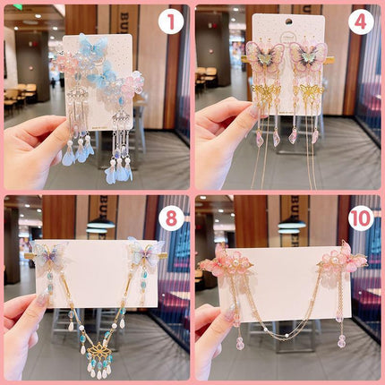 2Pcs Hanfu Flower Hair Clip Pearl Tassel Butterfly Hairpin Female/Children Party - Aimall