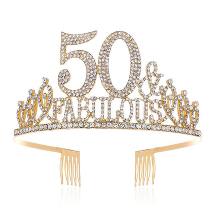 50th Birthday Gold Party Set Hairband Crown Sash Belt Ceremonial Accessory Kit
