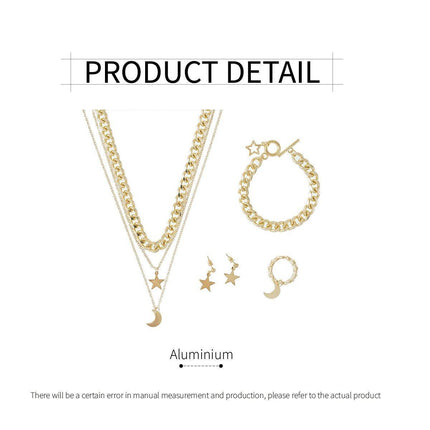 Moon Stars Pendant Necklace Bracelet Ring Earrings Jewelry Set Women Gift