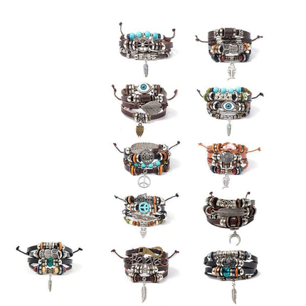 Turquoise Woven Leather Multi Layered Beaded Bracelet with Wood Beads Women