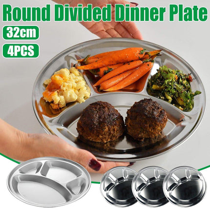 4pcs Stainless Steel Round Dinner Plates 4 Compartment Food Serving Trays Set