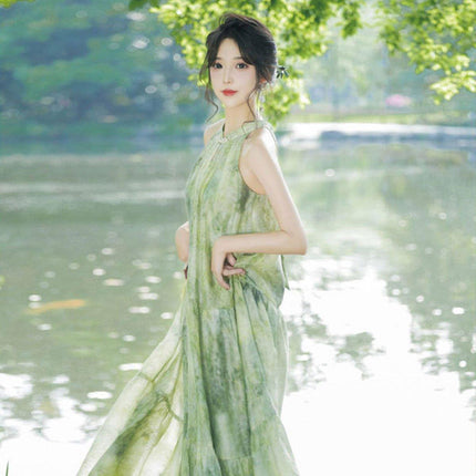 Women Chinese Style Green Halter Neck Long Dress Elegant Evening Gown