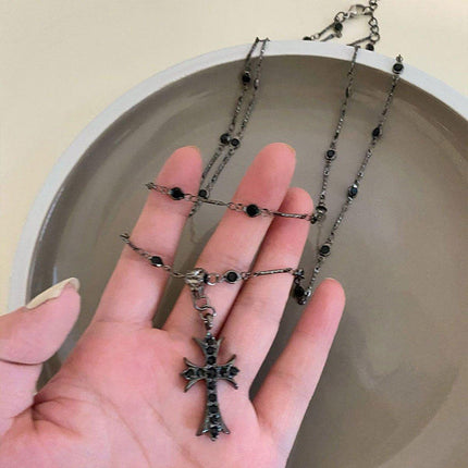 Women Fashion Double Layer Cross Pendant Necklace Retro Casual Sweater Chain
