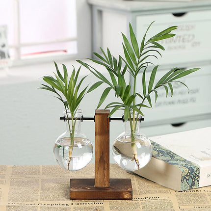 Wooden Stand Glass Flower Vase Hydroponic Hanging Plant Terrarium Container - Aimall