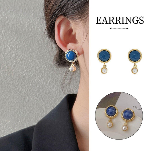 Retro Blue Oil Drop Earrings Fashion Needle Jewellery Elegant Niche Style