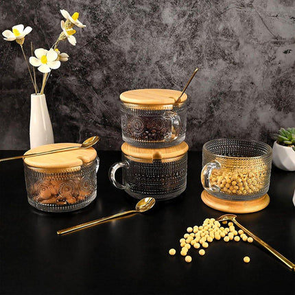 4PCS Vintage 14oz Embossed Glass Coffee Cups with Bamboo Lid and Spoon for Tea Milk