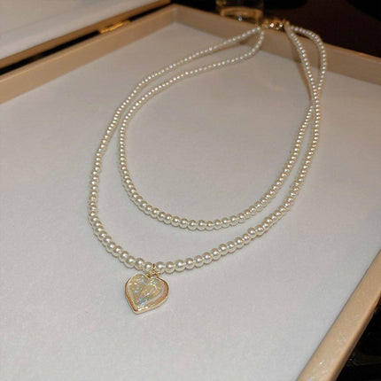 White Heart Pearl Double Layer Necklace Sweet Elegant Versatile Jewelry Gift