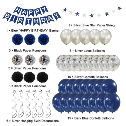47pcs Blue Birthday Banner Balloon Set Party Decoration Blue Silver Paper Flower