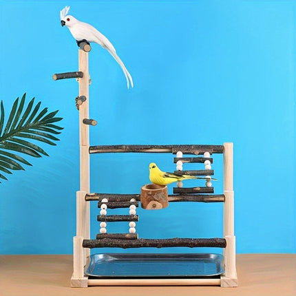 Wooden Parrot Stand Pole Interactive Bird Stand with Food Bowl Climbing Ladder