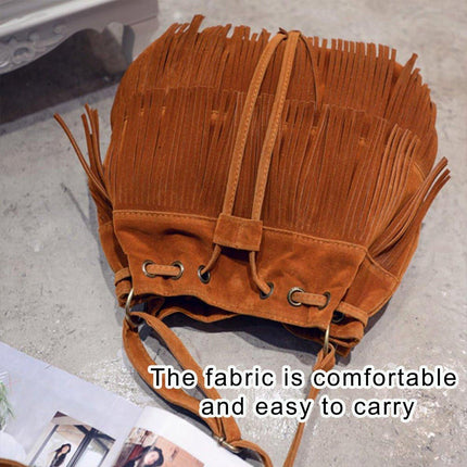 Brown Soft Velvet Tassel Womens Drawstring Shoulder Crossbody Bag for Fashion