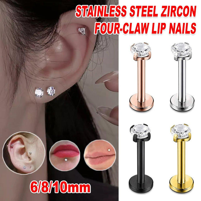 Stainless Steel Four Claw Zirconia Lip Stud Earrings Hypoallergenic Body Jewelry