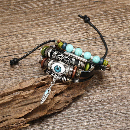 Turquoise Woven Leather Multi Layered Beaded Bracelet with Wood Beads Women