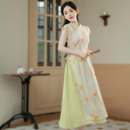 Chinese Women Long Dress Modified Cheongsam Design Sense Elegant Temperament