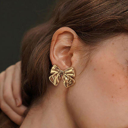 Gold Bow Earrings Women Fashion Stud Jewelry Simple Elegant Gift