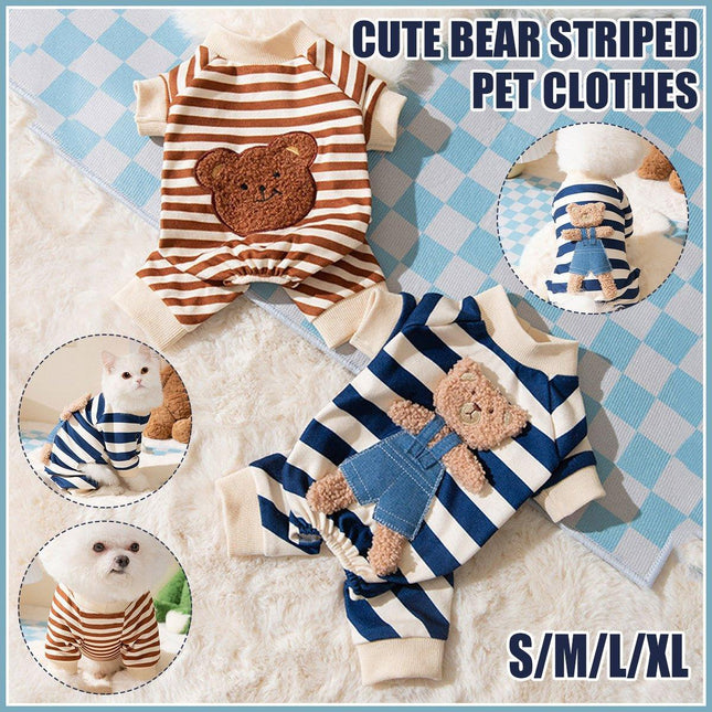 Cute Bear Striped Dog Home Clothes Cat Pet Outfit Cozy Animal Pajamas for Pets