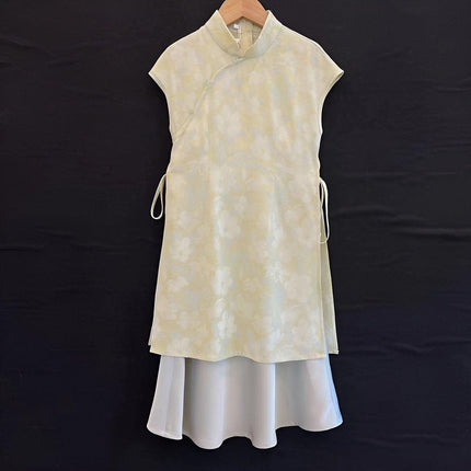 Elegant Summer Girl Floral Cheongsam Dresses Long Slimming Sleeveless Dress Set