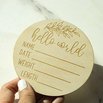 Hello World Baby Birth Announcement Plaque Wooden Disc Introducing Name Card - Aimall