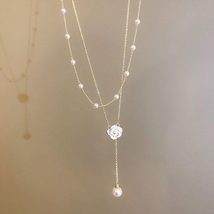Gold Pearl Camellia Long Tassel Necklace Elegant Airy Jewelry for Women Gift