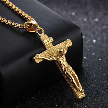 Men Stainless Steel Gold Silver Black Jesus Crucifix Pendant Chain Necklace Gold - Aimall