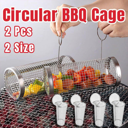 2pcs BBQ Basket Round Grill Cage Portable Rotating Net for Outdoor Cooking