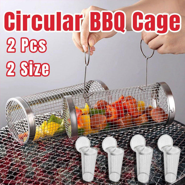 2pcs BBQ Basket Round Grill Cage Portable Rotating Net for Outdoor Cooking