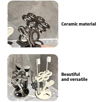6 Slots Ceramic Toothbrush Holder Flower Shaped Makeup Brush Bathroom Shelf