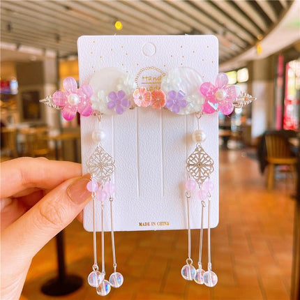 2Pcs Hanfu Flower Hair Clip Pearl Tassel Butterfly Hairpin Female/Children Party - Aimall