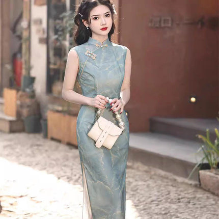 Retro Mesh Printed Double Layer Sleeveless Cheongsam Mid Length Improved Design