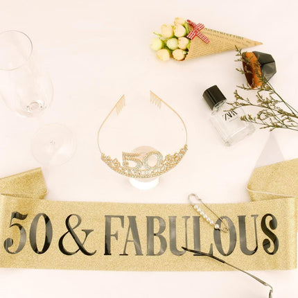 50th Birthday Gold Party Set Hairband Crown Sash Belt Ceremonial Accessory Kit