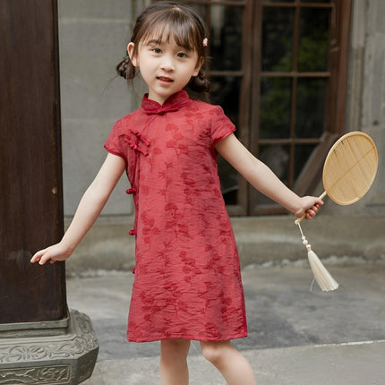 Summer Cotton Cheongsam Dress Girls Retro Solid Color Fashion Solid Color Dress - Aimall