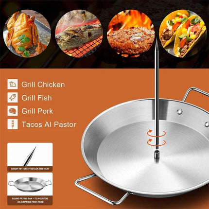 Stainless Steel BBQ Rotisserie Pan Kit Accessories with 3 Removable Iron Skewers