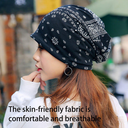Ethnic Style Cotton Flower Stripe Pullover Cap Dual Purpose Turban Hat for Women